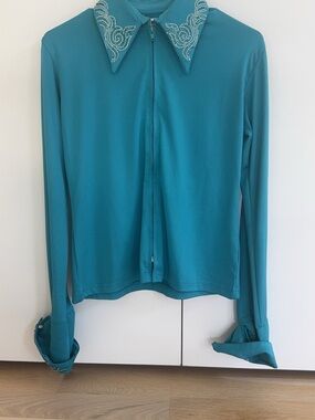 Royal Highness Equestrian Embellished-Collar Teal Zip-Front Women's Button Down